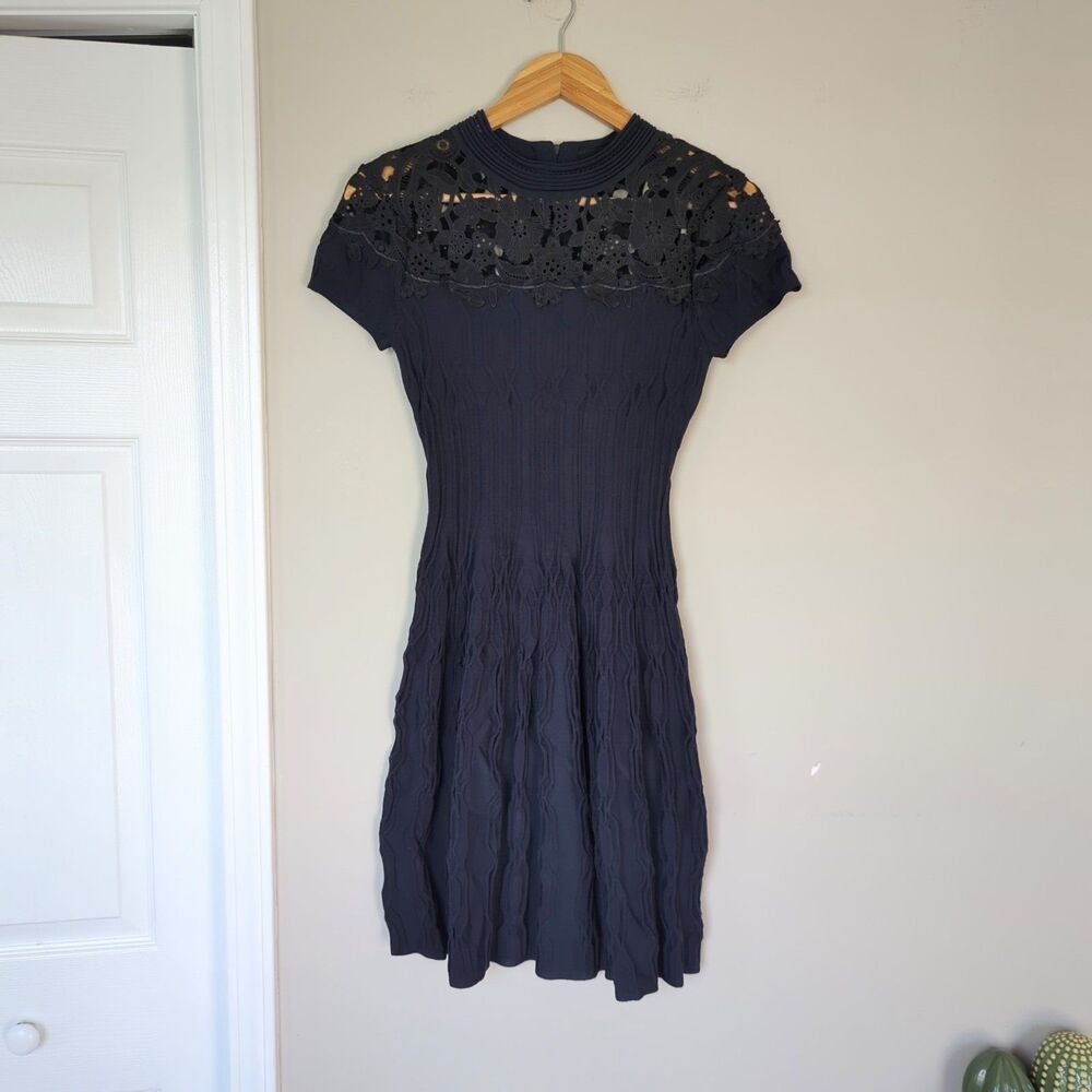 Kooples NWT Navy Blue Lace Textured Knit Cocktail Dress 1 Whimsigoth Romantic